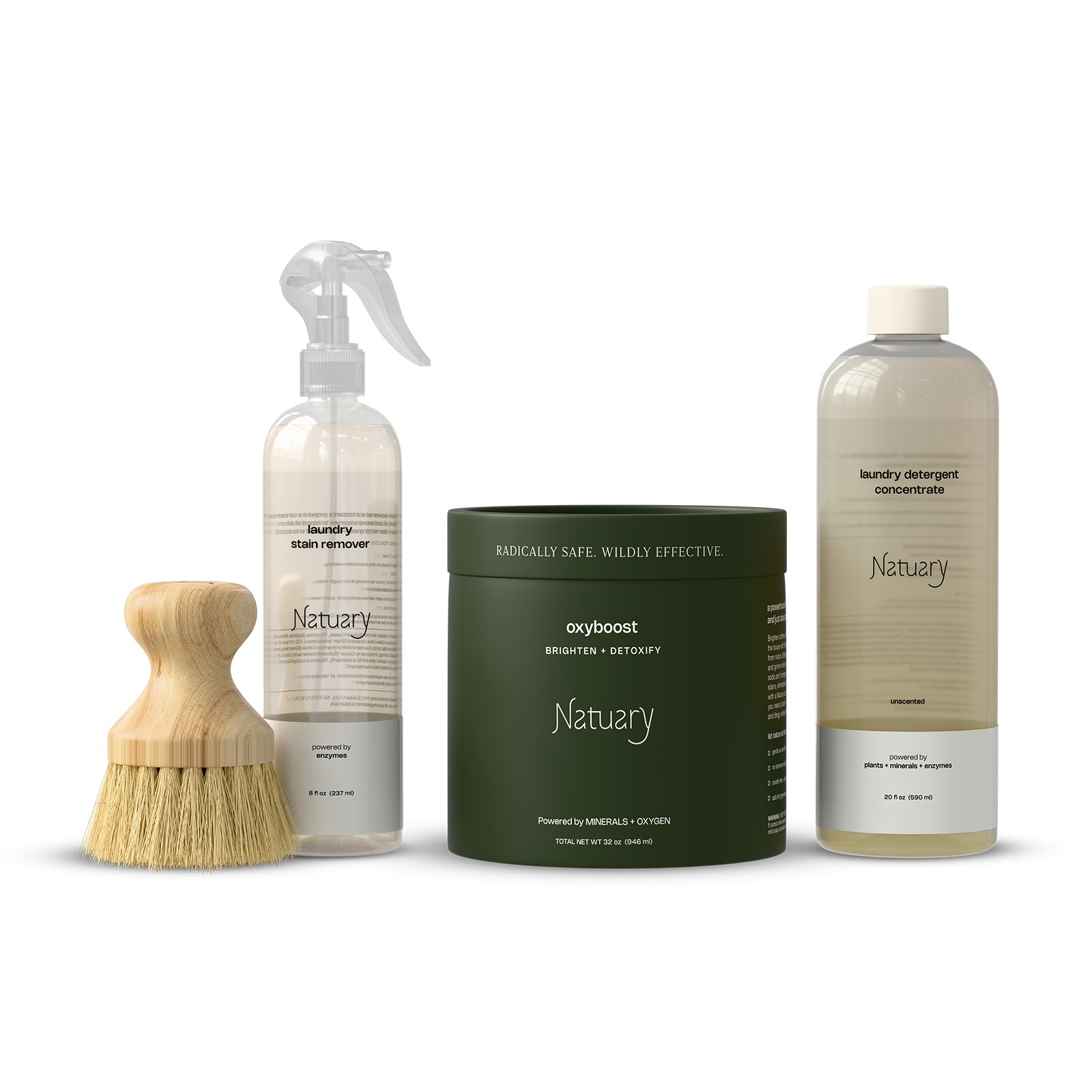 Set of natural cleaning products including a stain remover, brush, oxyboost, and detergent.