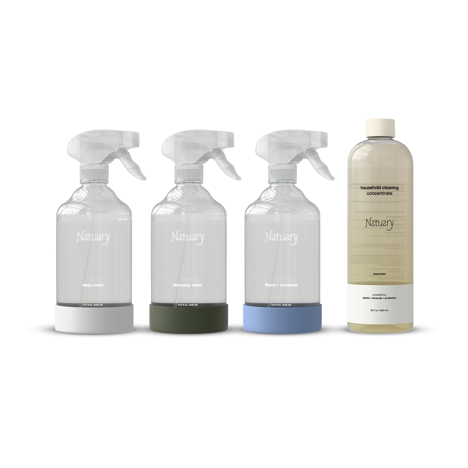 Three glass spray bottles and one cleaning concentrate on a white background