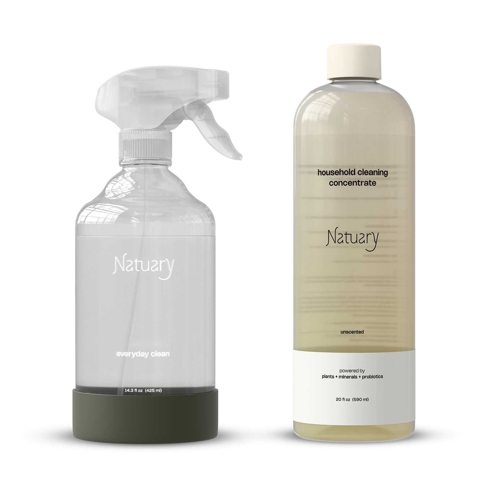 Two bottles of 'Natuery' cleaning products on a white background